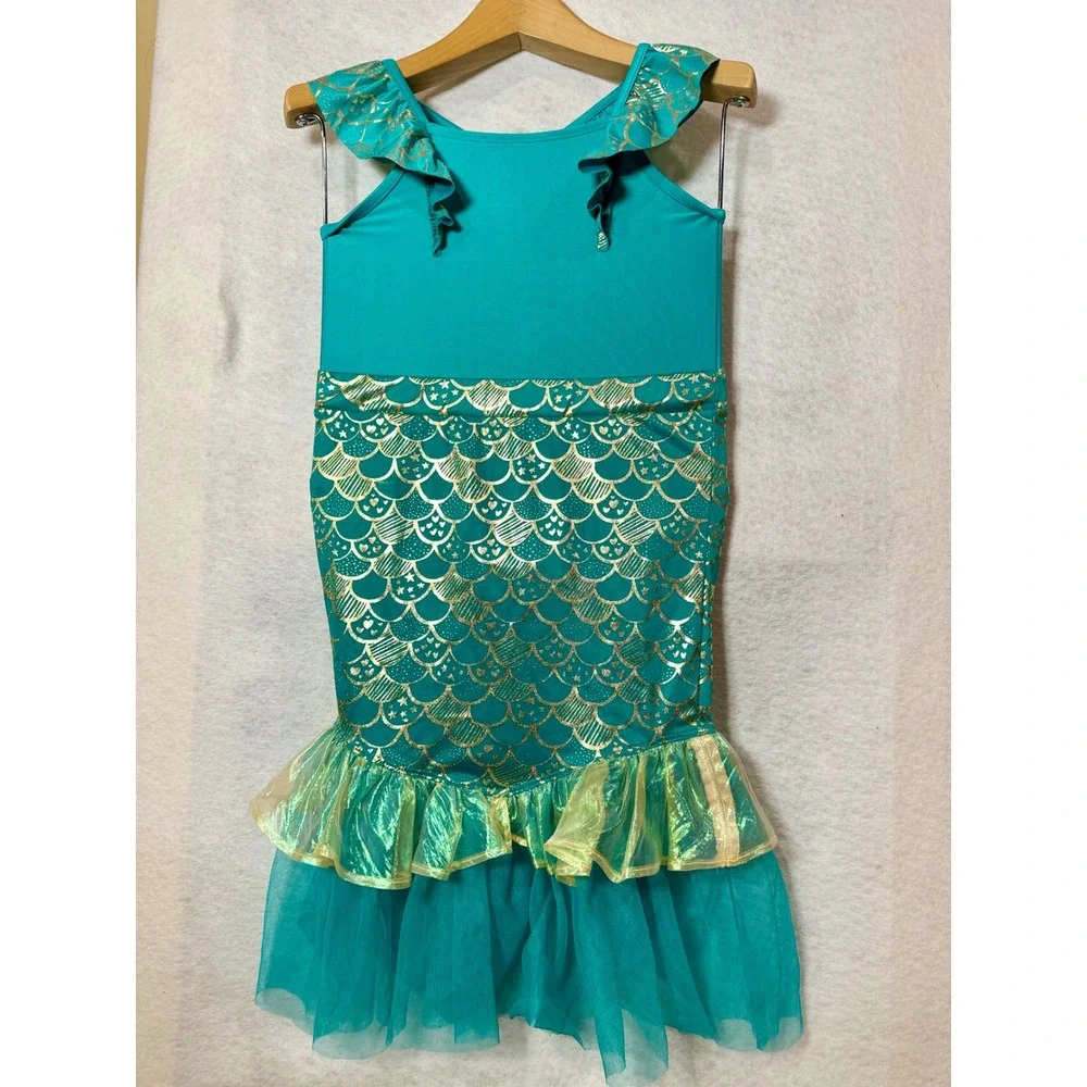Cat & Jack Girls Teal Mermaid Swimsuit and Skirt Cover Up Set 4T Gold Foil Scale